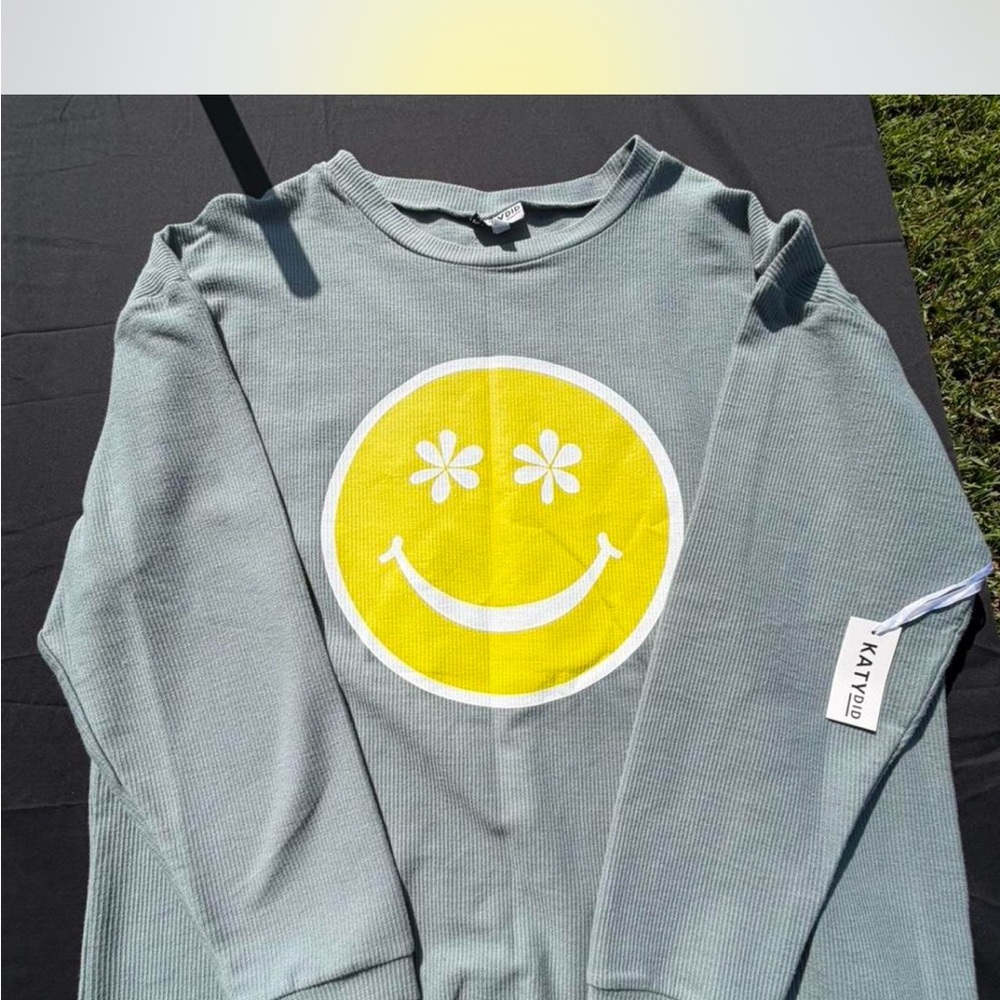 Katydid Gray Sweatshirt with Yellow Smiley Face